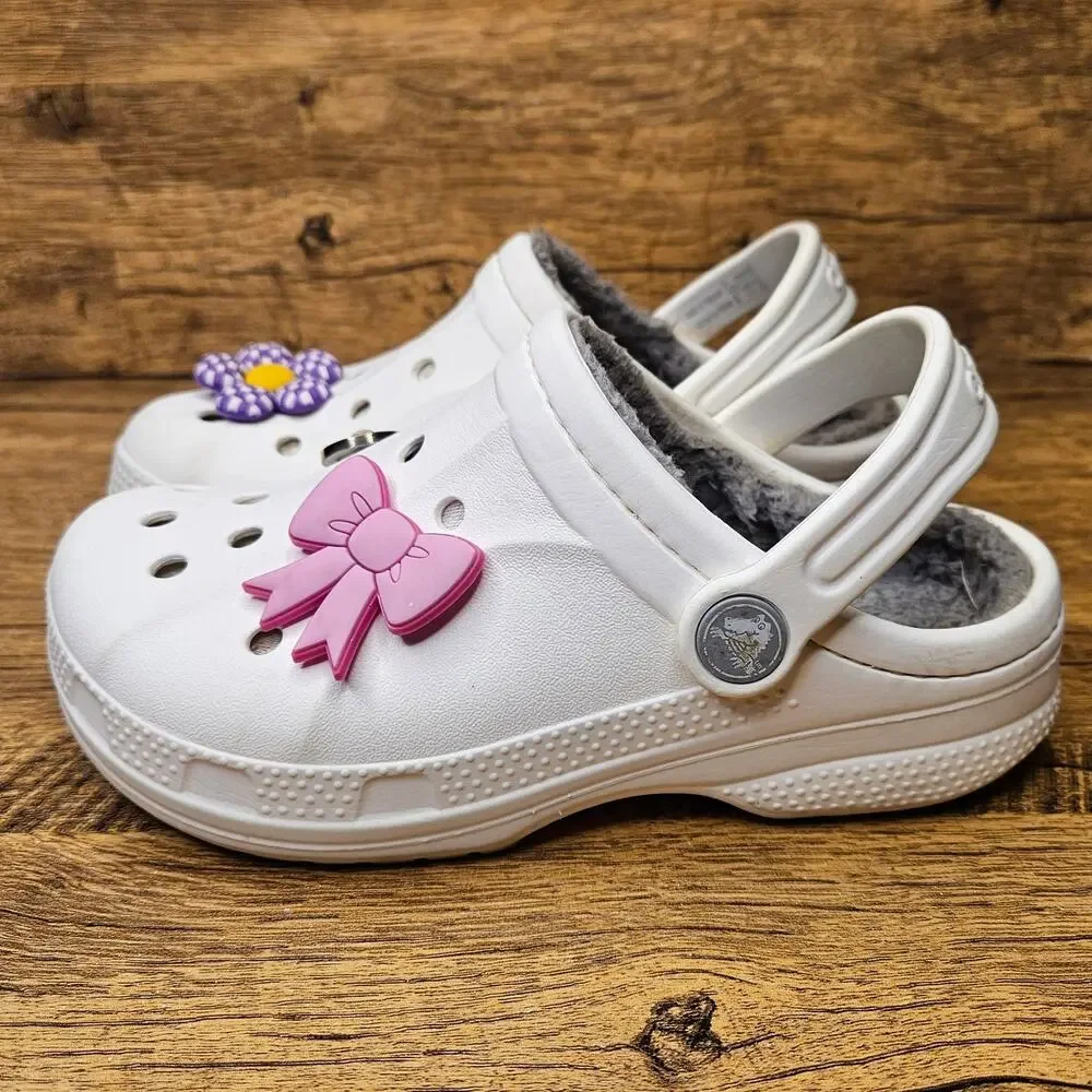Crocs Classic clogs faux fur lined white charms shoes size 12/13 kids
